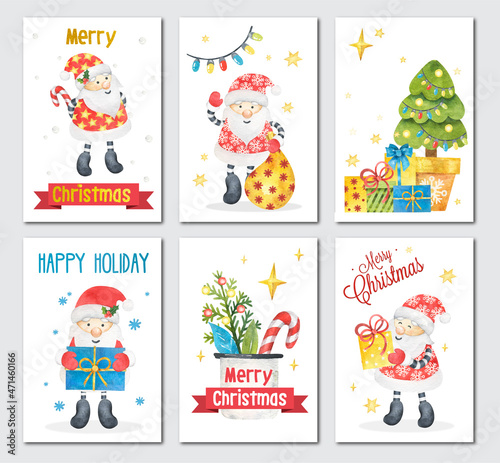 New Year and Christmas cards for 2022. Funny and cute santa claus and christmas elements for decoration. Watercolor illustration