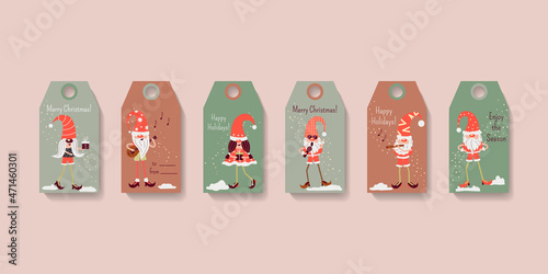 Christmas greeting gift labels and tags with Scandinavian cute gnomes. Merry Holidays template for scrapbook, seasonal wrapping, stickers. Vector cartoon flat illustration