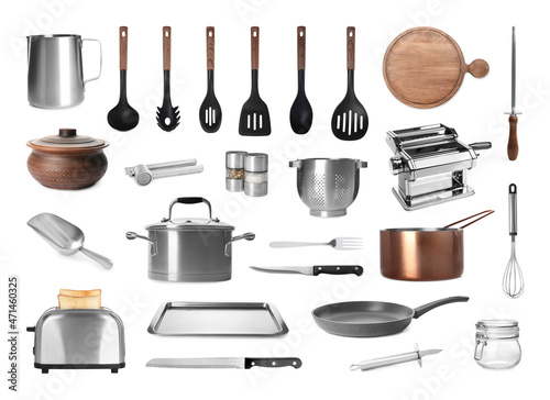 Set with different kitchenware on white background