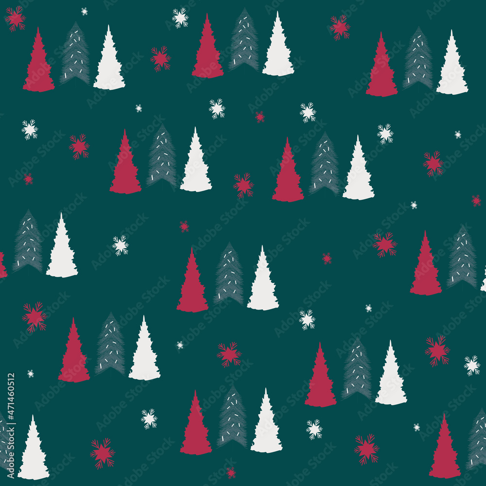 Cute and seamless christmas pattern with vector drawn elements. there are three trees that are red, white and green and decorated with small stars on a hunter background