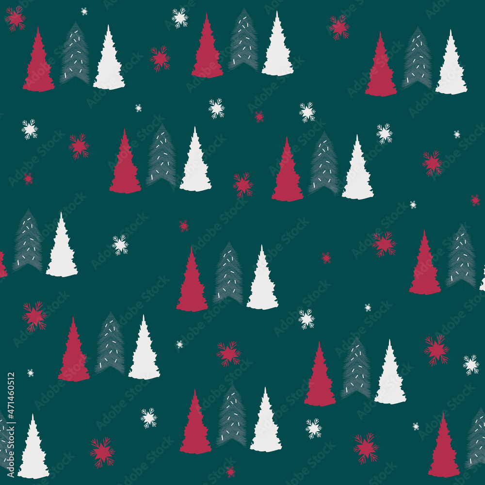 Cute and seamless christmas pattern with vector drawn elements. there are three trees that are red, white and green and decorated with small stars on a hunter background Cute and seamless christmas pattern with vector drawn elements. there are three trees that are red, white and green and decorated with small stars on a hunter background