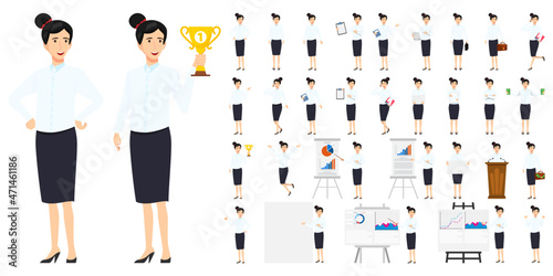 Businesswoman character set with different pose doing different actions jumping standing with presentation board with sales graph chart podium isolated