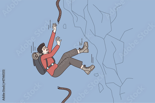 Failure and falling in sport concept. Young man alpinist with broken rope falling down aside slope feeling panic vector illustration 