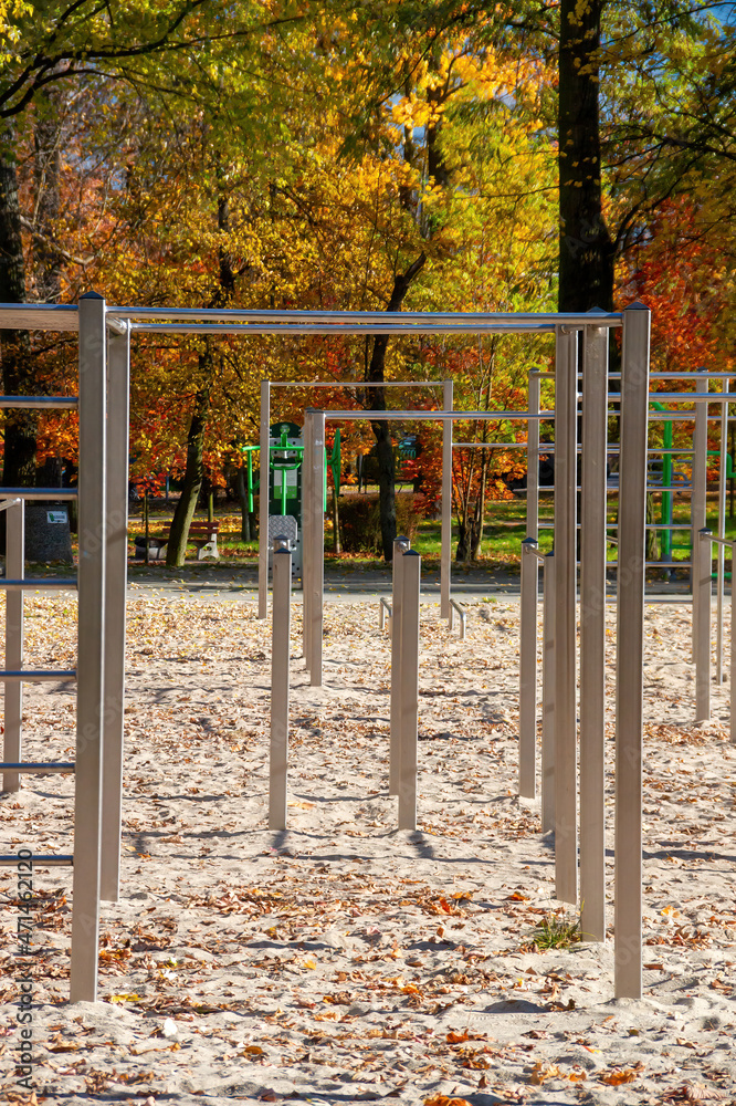 Obraz premium Street workout park, siłownia na świeżym powietrzu do ćwiczeń street workout, Park Wandy Malczewskiej w dzielnicy Klimontów, Sosnowiec, woj. śląskie, polska złota jesień
