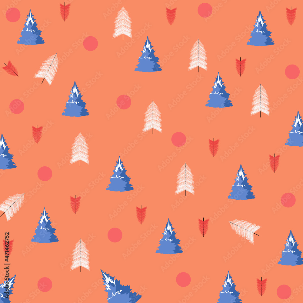 Cute and seamless christmas pattern with vector drawn elements. decorated with red, white and blue trees on an orange background Cute and seamless christmas pattern with vector drawn elements. decorated with red, white and blue trees on an orange background