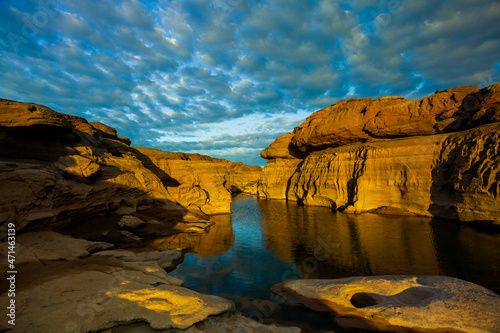 Grand canyon,Ubon Ratchathani,Scenery of Eroded large rocky rapids gorge with Mekong river and colorful sky in the sunset