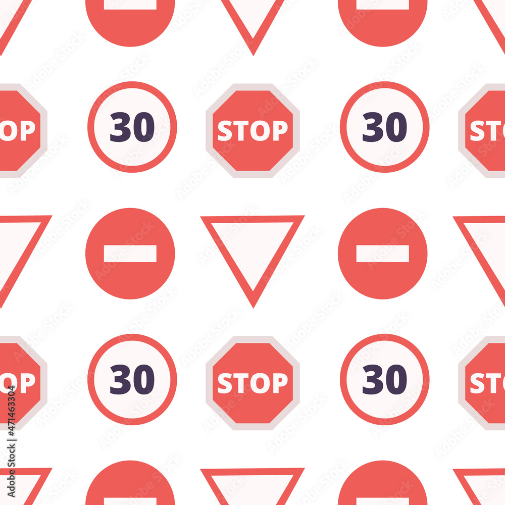 Seamless vector flat pattern with road traffic signs Seamless vector flat pattern with road traffic signs