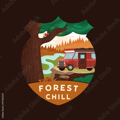 Vector design of traveling van in woods
