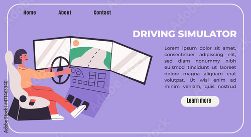 .Young woman learn to drive with gaming wheel. Driving school, simulation driving lesson. Flat vector modern isolated banner in trendy colors