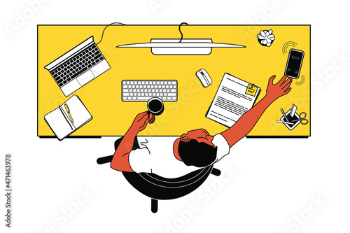Top view of professional is working remotely, sitting at computer desk, using technology. Employee holding cup of coffee. Man freelancer answers a call from a boss. Isolated vector flat illustration
