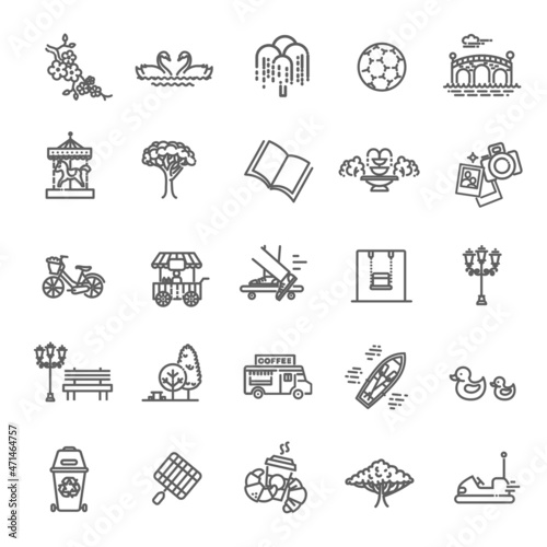 City park icons set. The open plot of land for recreation