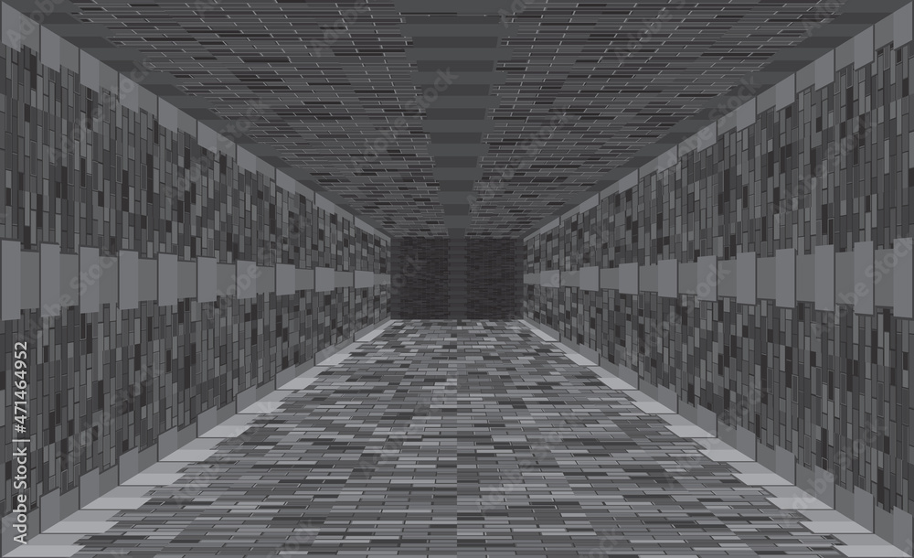 Tunnel lined with gray tiles. Digital wireframe tunnel. 3D corridor. Background abstract image Tunnel lined with gray tiles. Digital wireframe tunnel. 3D corridor. Background abstract image