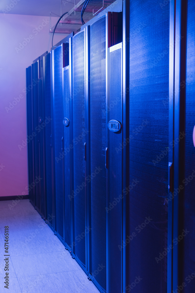 data center with neon light and closed servers, cyber security concept data center with neon light and closed servers, cyber security concept