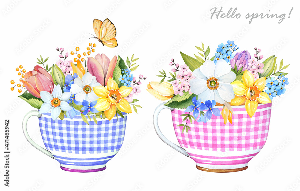 Cup with flowers. Tulip, daffodil, violet. Spring flower bouquet. Watercolor illustration. Cup with flowers. Tulip, daffodil, violet. Spring flower bouquet. Watercolor illustration.