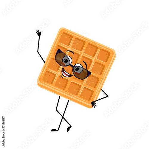 Cute character belgian waffle with happy emotions, face, smile, eyes, arms and legs. Cheerful baking person, dessert with joyful expression. Vector flat illustration