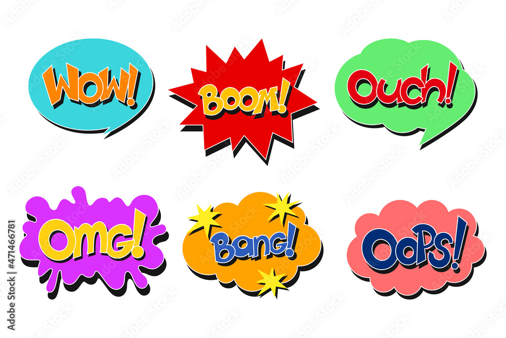 Fototapeta premium WOW, Boom, Ouch, OMG, Bang, Oops comic text. Pop art style. Vector illustration.