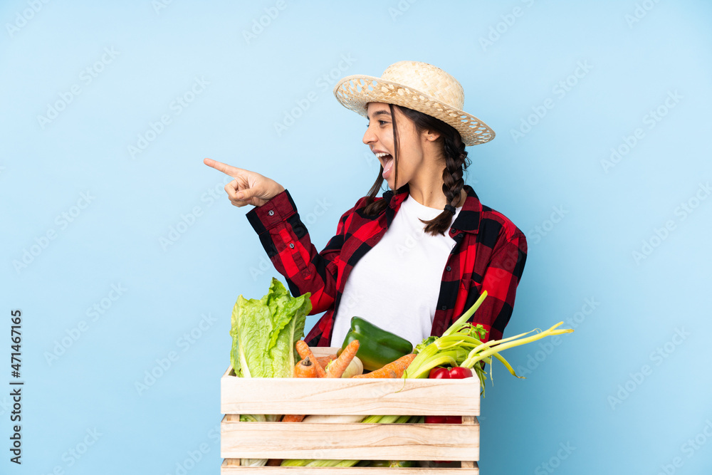 Young farmer Woman holding fresh vegetables in a wooden basket pointing finger to the side and presenting a product