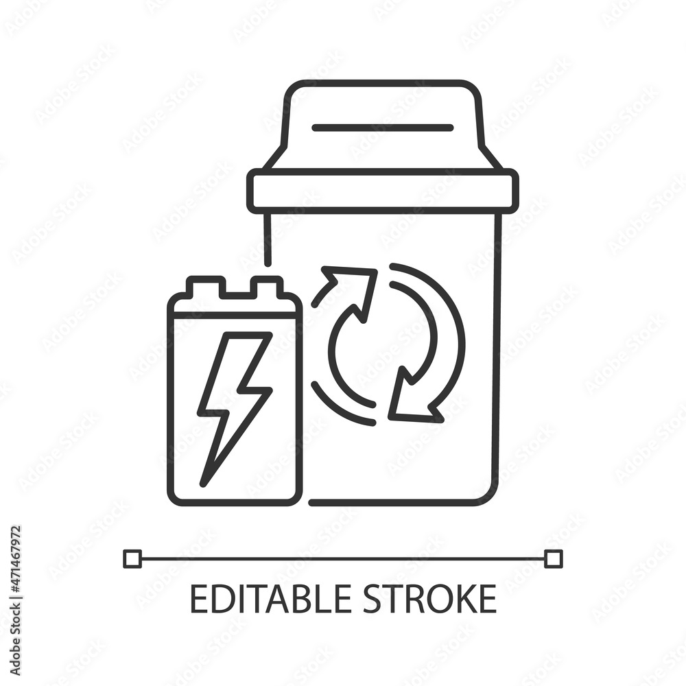 Container for battery disposal linear icon. Recycling and reuse. Electronic waste bin. Thin line customizable illustration. Contour symbol. Vector isolated outline drawing. Editable stroke Container for battery disposal linear icon. Recycling and reuse. Electronic waste bin. Thin line customizable illustration. Contour symbol. Vector isolated outline drawing. Editable stroke