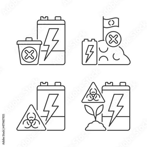 Improper battery disposal linear icons set. E-waste prohibited landfill. Accumulator toxicity and harm. Customizable thin line contour symbols. Isolated vector outline illustrations. Editable stroke