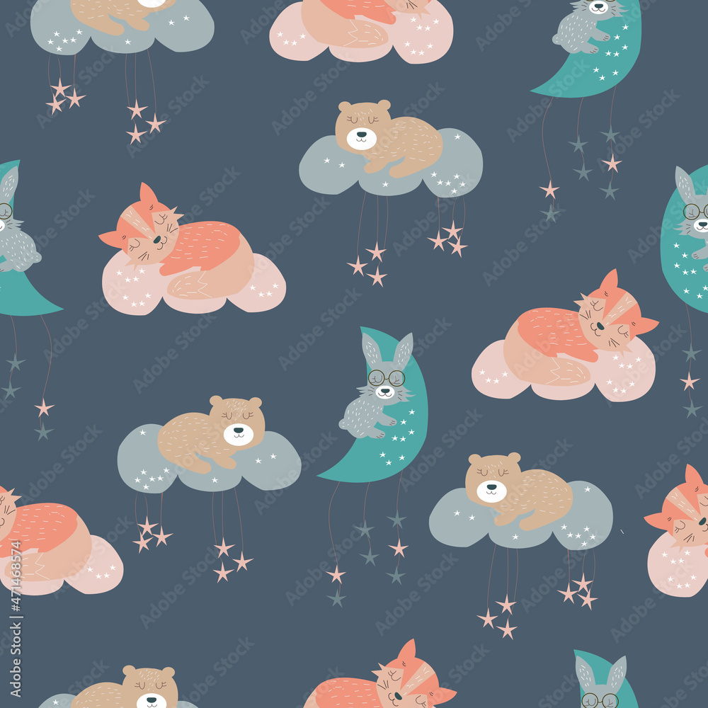Fototapeta premium Cute seamless pattern with forest animals on the moon and clouds. Children vector background. The press on fabric, clothes, wallpaper, paper.