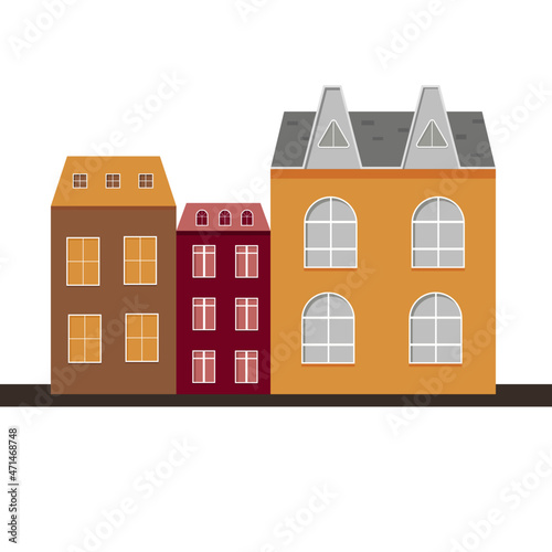 cartoon facades of old houses in Poland. Colorful flat design. Vector illustration. Neighborhood