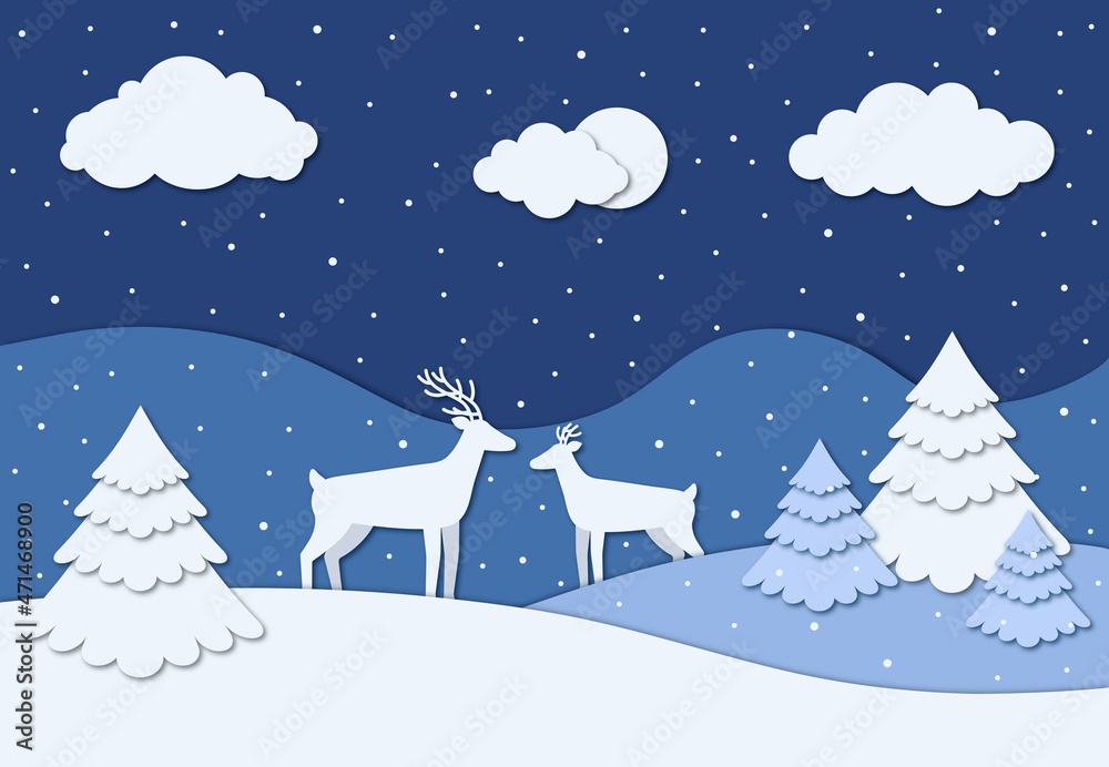 Winter paper cut out effect illustration with deer