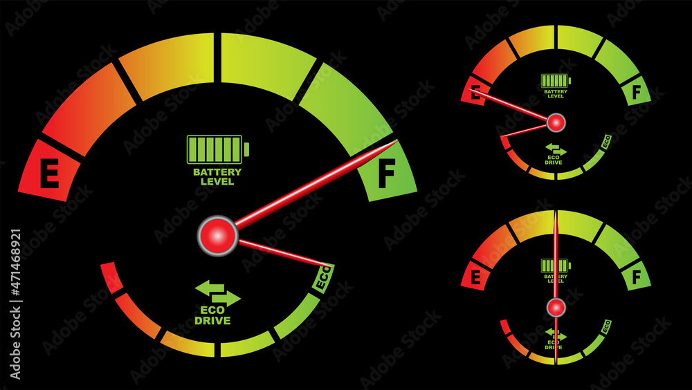 Electric car dashboard meters set, battery level, eco drive indicator