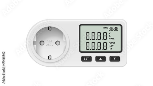 Digital wattmeter for power outlet. Power meter with LCD display and socket. Vector illustration.