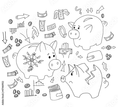 Pig piggy bank, banknotes and cash, money and coins, bank and income charts in style of linear doodles.Big set of business and finance elements. Vector illustration. Isolated elements For design