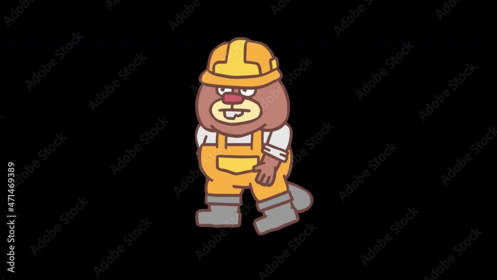 Builder beaver in hard hat walks. Frame by frame animation. Alpha channel. Looped animation