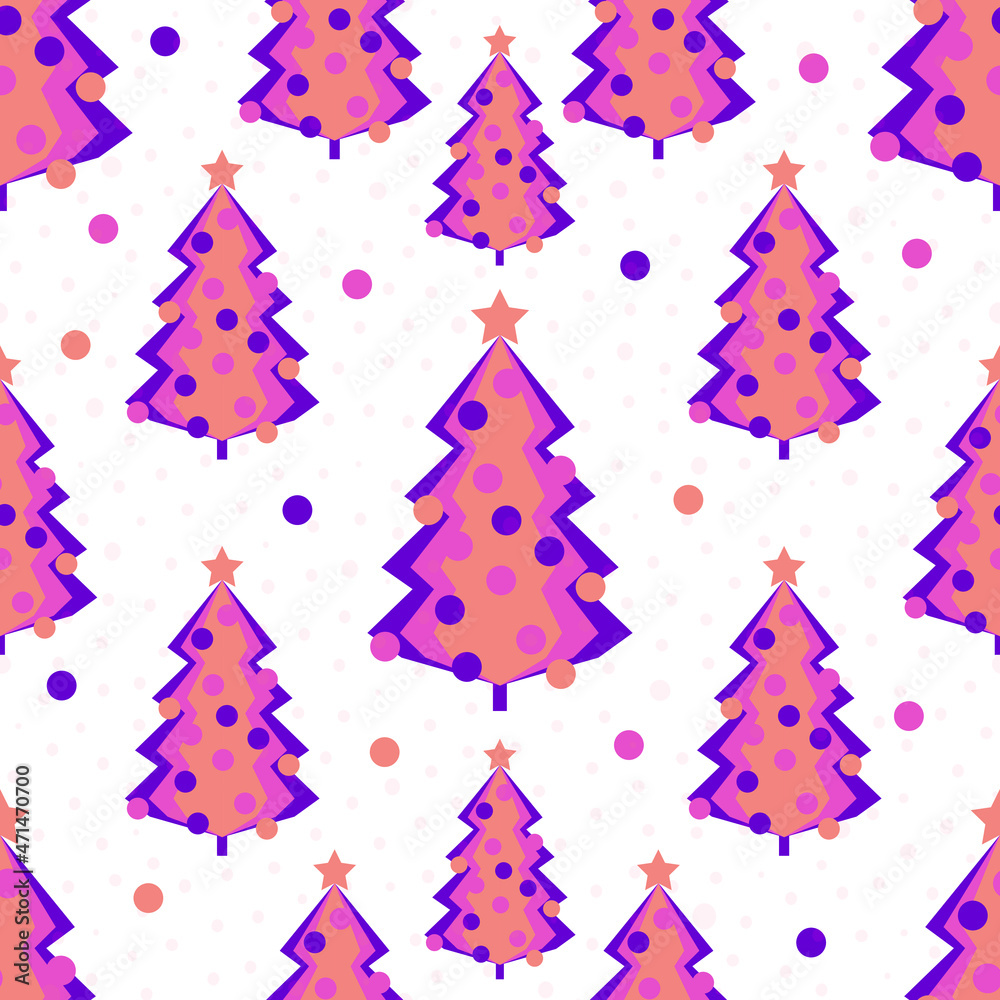 Bright purple Christmas tree with a star and toys on a white background. Seamless modern holiday pattern in flat style for textile industry, paper products. Vector. Bright purple Christmas tree with a star and toys on a white background. Seamless modern holiday pattern in flat style for textile industry, paper products. Vector.