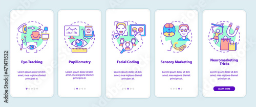 Neuromarketing techniques onboarding mobile app page screen. Eye-tracking walkthrough 5 steps graphic instructions with concepts. UI, UX, GUI vector template with linear color illustrations