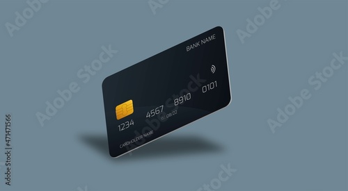 Credit or debit cards mockup with black plastic and gold chip concept. Realistic bank card with shadow.