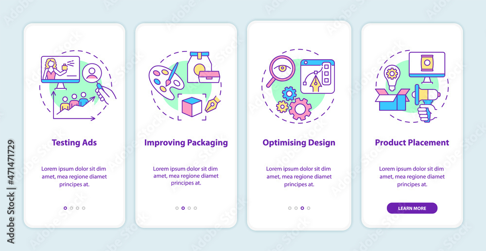 Neuromarketing usage onboarding mobile app page screen. Testing and optimising ads walkthrough 4 steps graphic instructions with concepts. UI, UX, GUI vector template with linear color illustrations