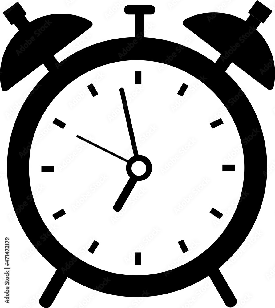 The clock icon with an alarm clock, a black silhouette highlighted on a white background. Vector illustration. A series of business icons. The clock icon with an alarm clock, a black silhouette highlighted on a white background. Vector illustration. A series of business icons.