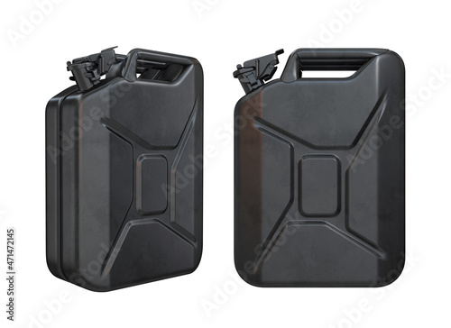 Jerrycan gasoline canister set in black on white background, 3d render photo