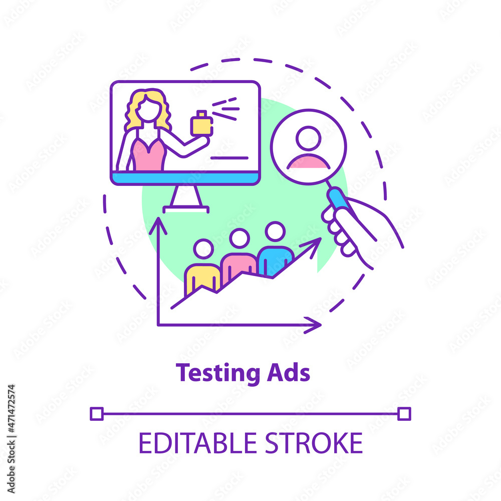 Fototapeta premium Testing ads concept icon. Increase selling. Brand audience preference analysis. Advertising optimization abstract idea thin line illustration. Vector isolated outline color drawing. Editable stroke