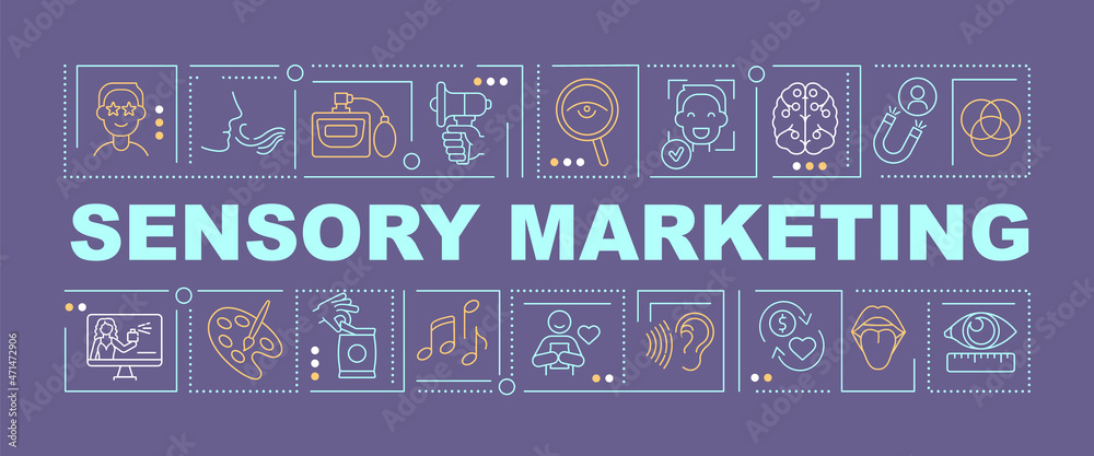 Sensory advertising word concepts banner. Brand impression creation. Infographics with linear icons on purple background. Isolated creative typography. Vector outline color illustration with text - obrazy, fototapety, plakaty 