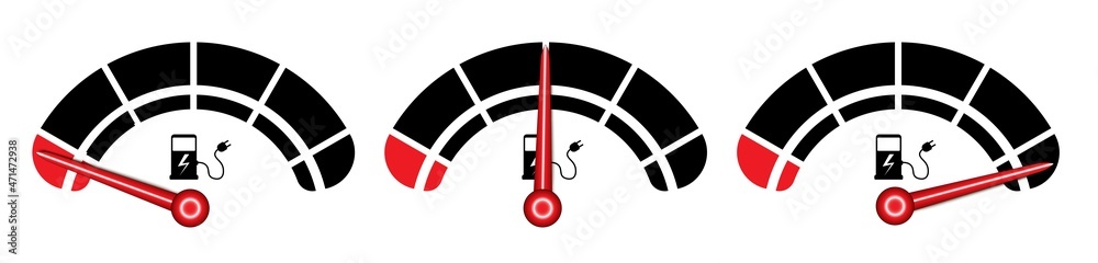 Electric car battery meter set with battery, indicating empty, half, full vector design. Charging level illustration on black background to use in eco car, electric vehicle battery charging projects. Electric car battery meter set with battery, indicating empty, half, full vector design. Charging level illustration on black background to use in eco car, electric vehicle battery charging projects.