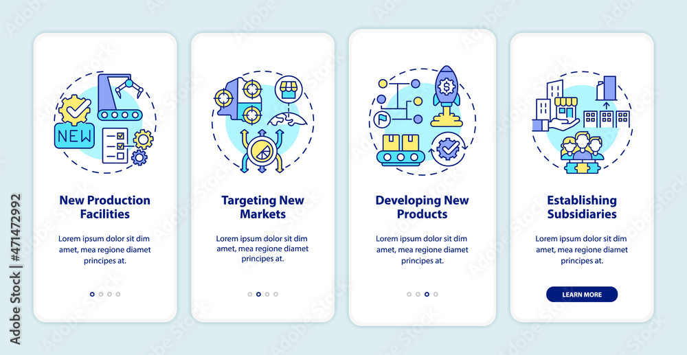 Internal business growth onboarding mobile app page screen. Company expansion walkthrough 4 steps graphic instructions with concepts. UI, UX, GUI vector template with linear color illustrations