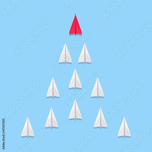 Leadership concept. Lead airplane stand out of other paper plane follower. Paper plane fly over blue background. Vector illustration