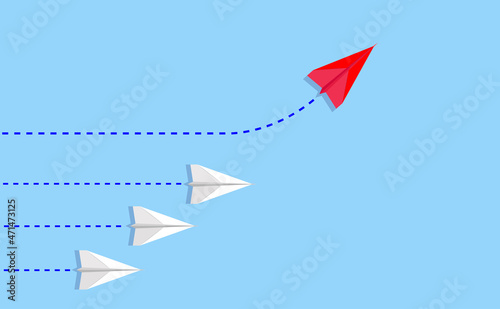 Different thinking, Courage to risk. leadership concept. Red paper plane changing direction from the group. Flat vector illustrations