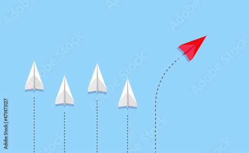 Different thinking, Courage to risk. leadership concept. Red paper plane changing direction from the group. Flat vector illustrations
