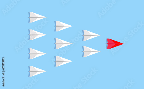 Leadership concept. Lead airplane stand out of other paper plane follower. Paper plane fly over blue background. Vector illustration