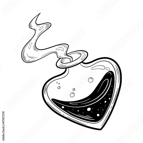 Hand drawn magic bottle. Vial of poison. Vector illustration isolated. Tattoo design, magic symbol for your use.