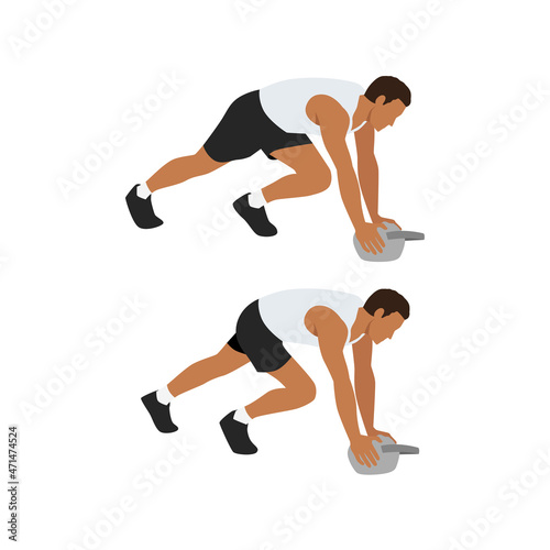 Man doing Mountain climber with kettlebell exercise. Flat vector illustration isolated on white background. workout character set