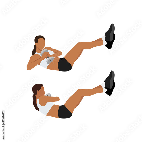 Woman doing Weighted Russian. Mason twists exercise. Flat vector illustration isolated on white background. workout character set