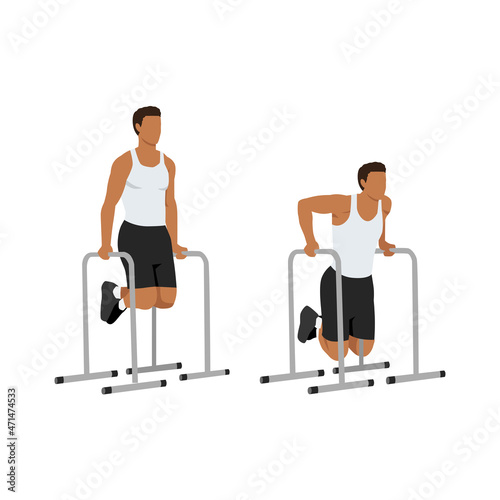 Man doing Master tricep dip exercise. Flat vector illustration isolated on white background. workout character set