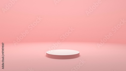 Round white podium on a pink background. Stand for demonstration of goods. 3d render.