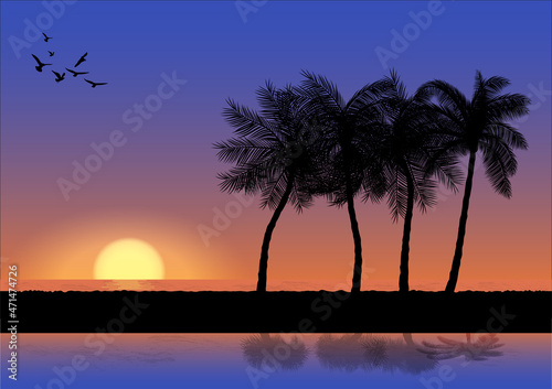landscape view drawing palm with sunset or sunrise background vector illustration concept romantic